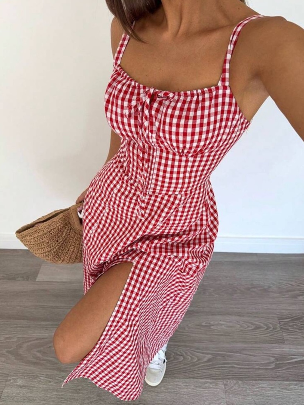 Red Gingham Midi Dress Tie Strap Slit Cotton Summer